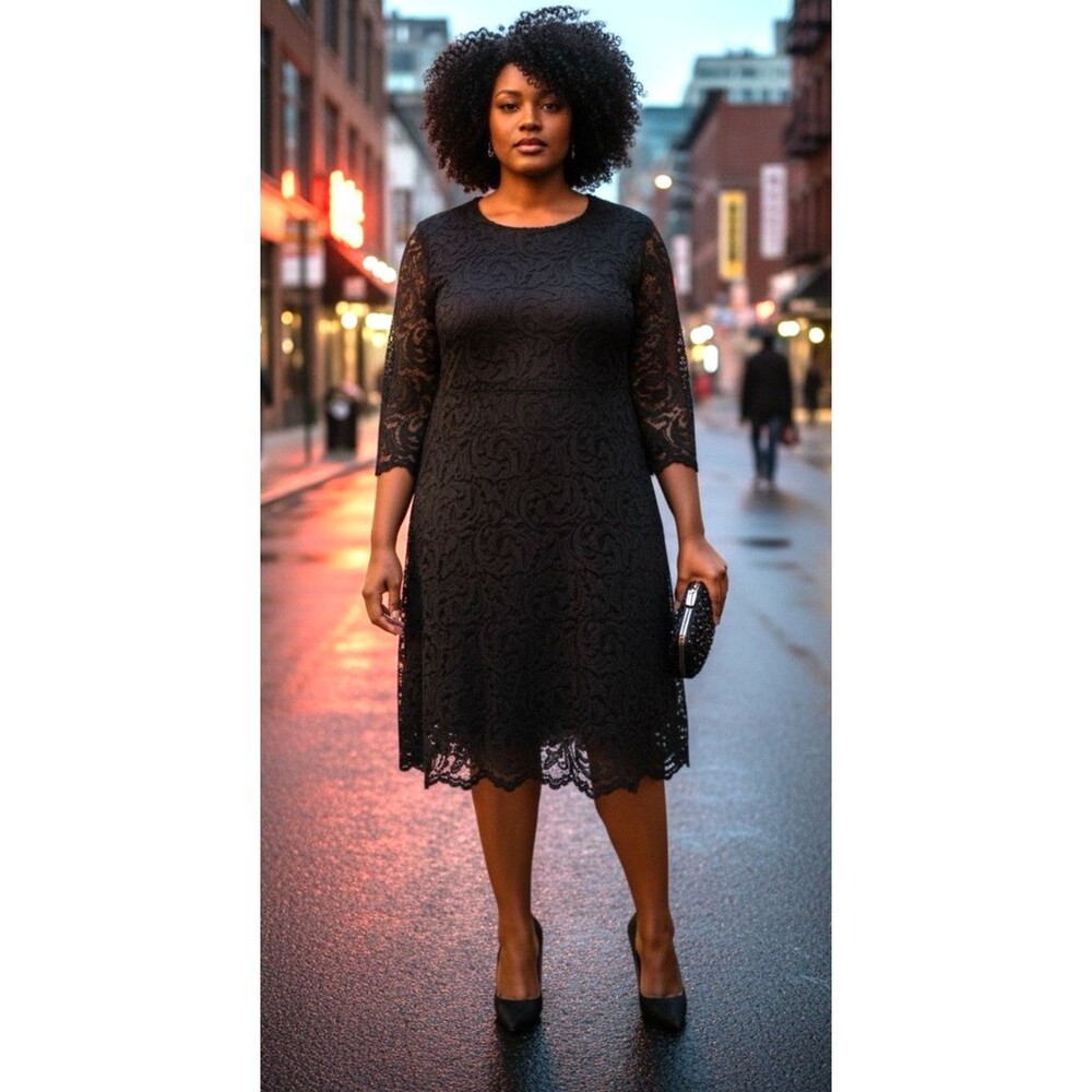 Garnet Hill NEW! womens black lace overlay glam midi sheer sleeve dress sz 18